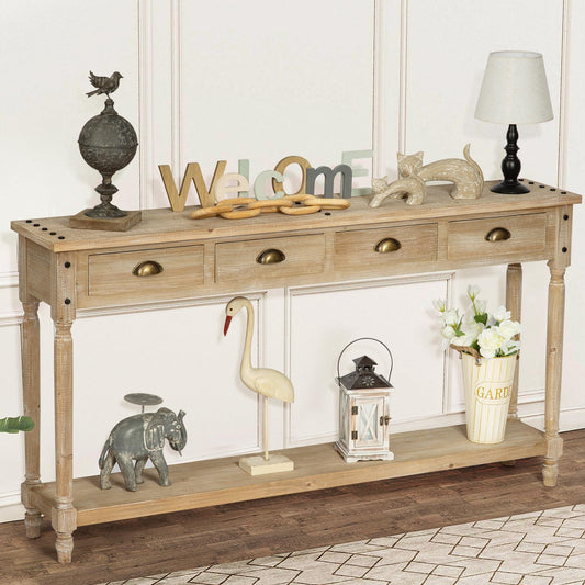 Wnutrees Farmhouse Console Table with 4 Drawers, 60" Long Narrow Boho Sofa Foyer Table with Large Storage Space, Solid Wood Frame and Legs for