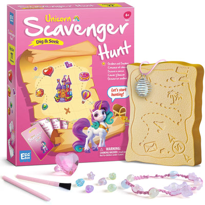 EDUMAN Unicorn Scavenger Hunt Dig Kit - Treasure Dig Kit Interactive Arts & Crafts, STEM Educational Toy with Clue Cards, Gemstone Dig Kits & DIY Jewelry Making Kits for Kids 6+, Ideal Gift for Girls
