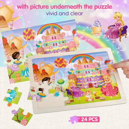 Jigsaw Puzzles Wooden Puzzles for Girls Ages 3-5 Unicorn Mermaid Princess Fairy Puzzle Preschool Educational Brain Teaser Boards Toys Gifts for 3 4 5 6 Year Old Kids 4 Packs 24 Pcs