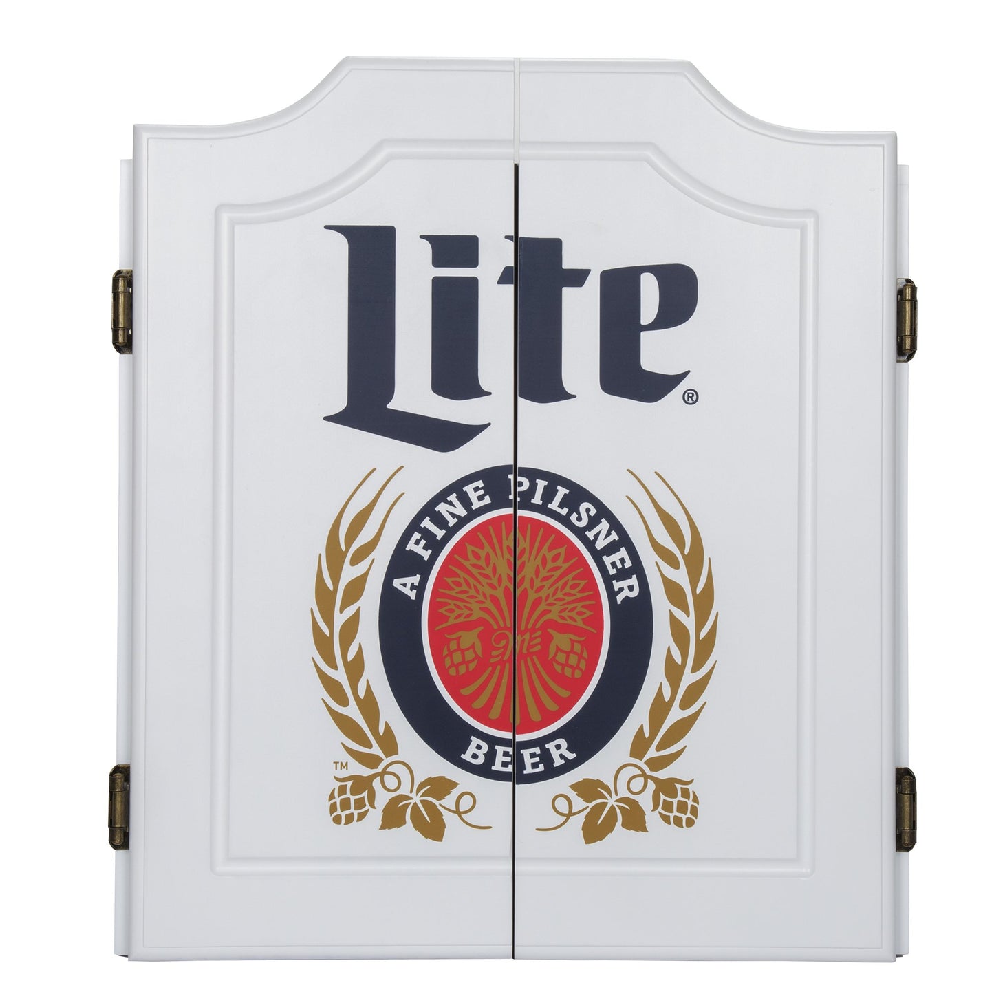 Dart Board Cabinet Set - Miller Lite Retro Dart Board with 6 Steel Tip Darts, Scoreboard, Hanging Wood Cupboard by Trademark Gameroom - WoodArtSupply