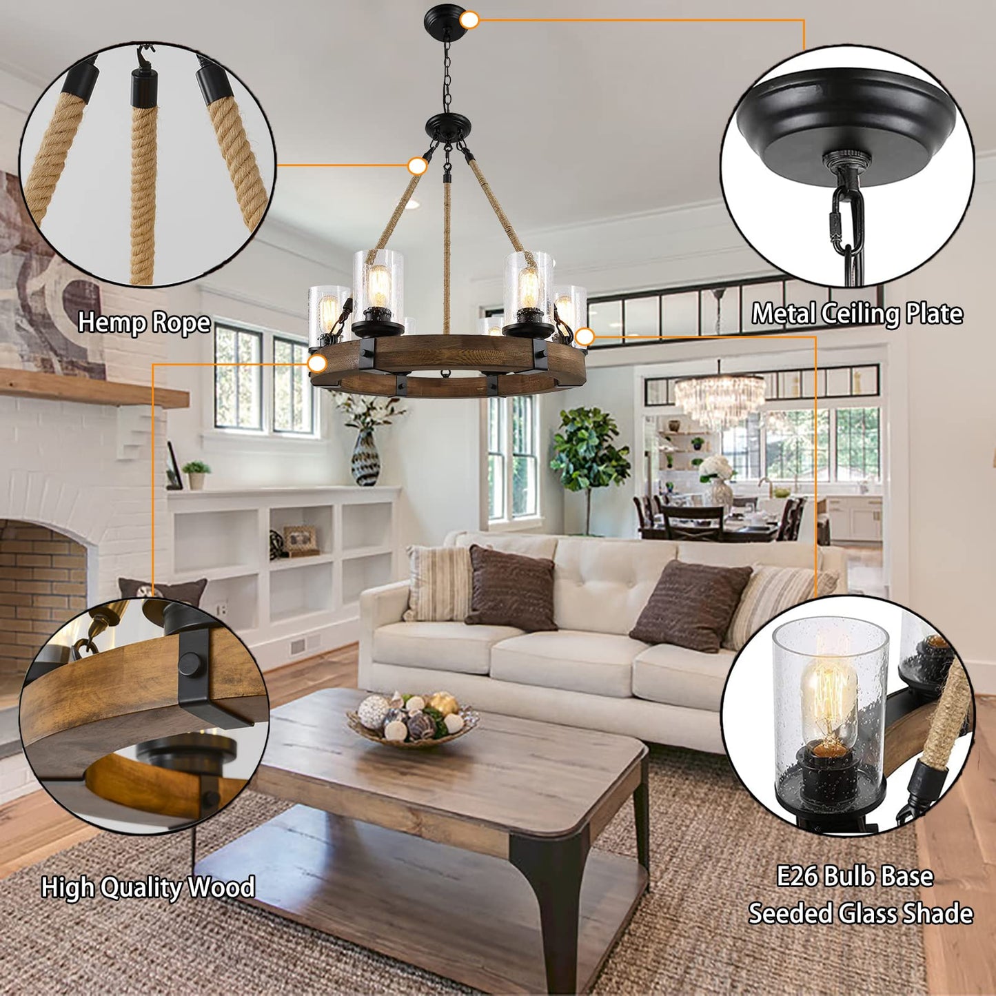 Rustic 6 Light Wagon Wheel Chandelier, Round Wood Pendant Light with Seeded Glass Shade, Farmhouse Chandeliers for Dining Room Kitchen Island Foyer Entryway