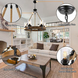 Rustic 6 Light Wagon Wheel Chandelier, Round Wood Pendant Light with Seeded Glass Shade, Farmhouse Chandeliers for Dining Room Kitchen Island Foyer Entryway BAOURE