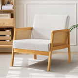 Linen Fabric Accent Chair for Living Room Set of 2, Rattan Webbing Reading Chair with Sturdy Wood Frame, Upholstered Lounge Armchairs for Bedroom, Indoor & Outdoor, Patio Furniture, Beige Furniliving