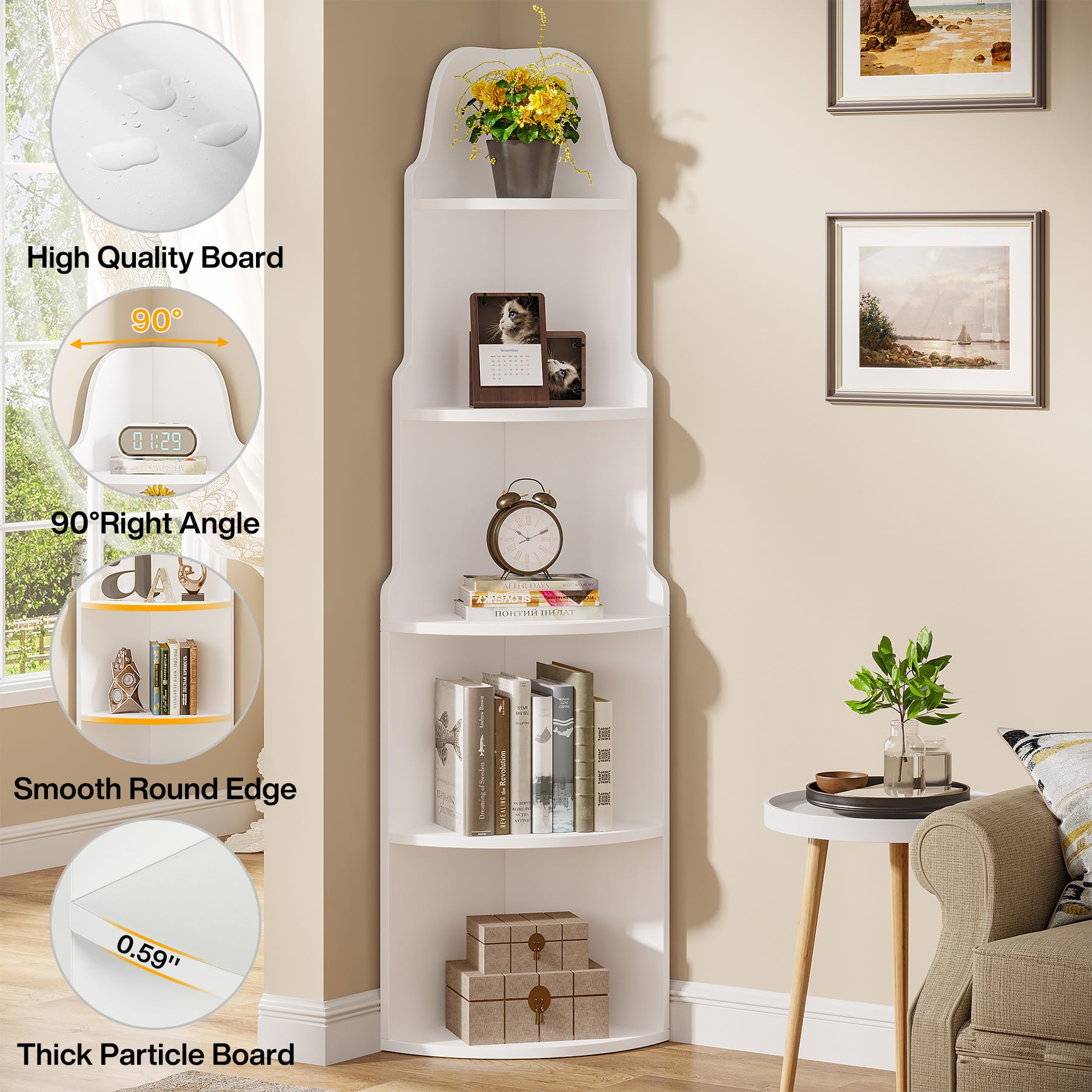 Tribesigns 69" Modern White Corner Bookshelf - 5-Tier Storage Rack for Living Room, Home Office & Kitchen - WoodArtSupply