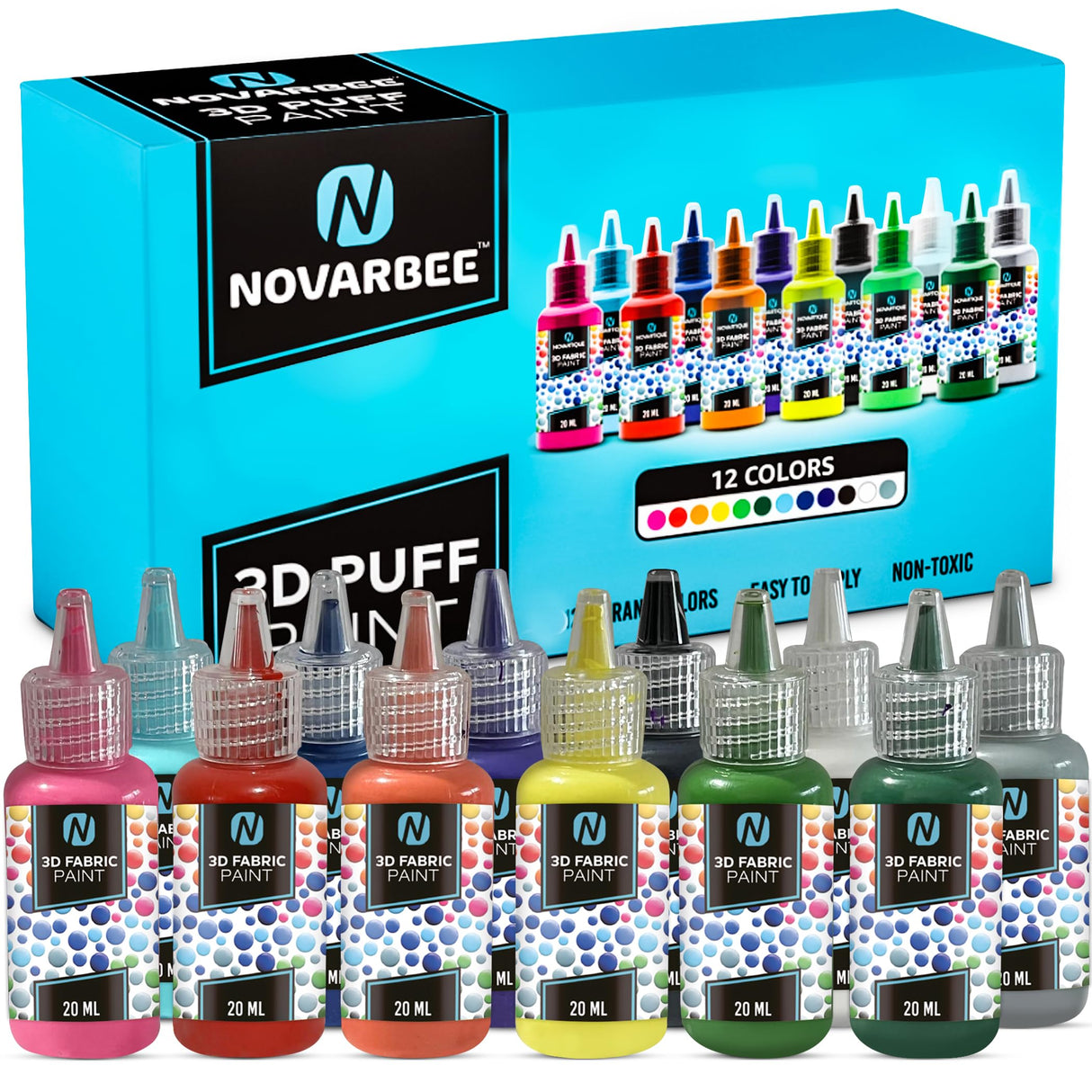 Novarbee- Fabric Paint, 12 Colors Puff Paint, 0.67 Oz, Fabric Paint For Clothes, 3d Puff Pens, Puff Paint For Crafts, Canvas, Glass, Clothing, Wood. Novarbee