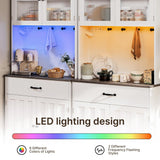 Gizoon 71" H Pantry Cabinet with LED Lights, Tall Farmhouse Kitchen Storage Cabinet with Charging Station, Modern Coffee Bar with Doors and Drawers, for Dining Room, Tabletop-Grey Gizoon