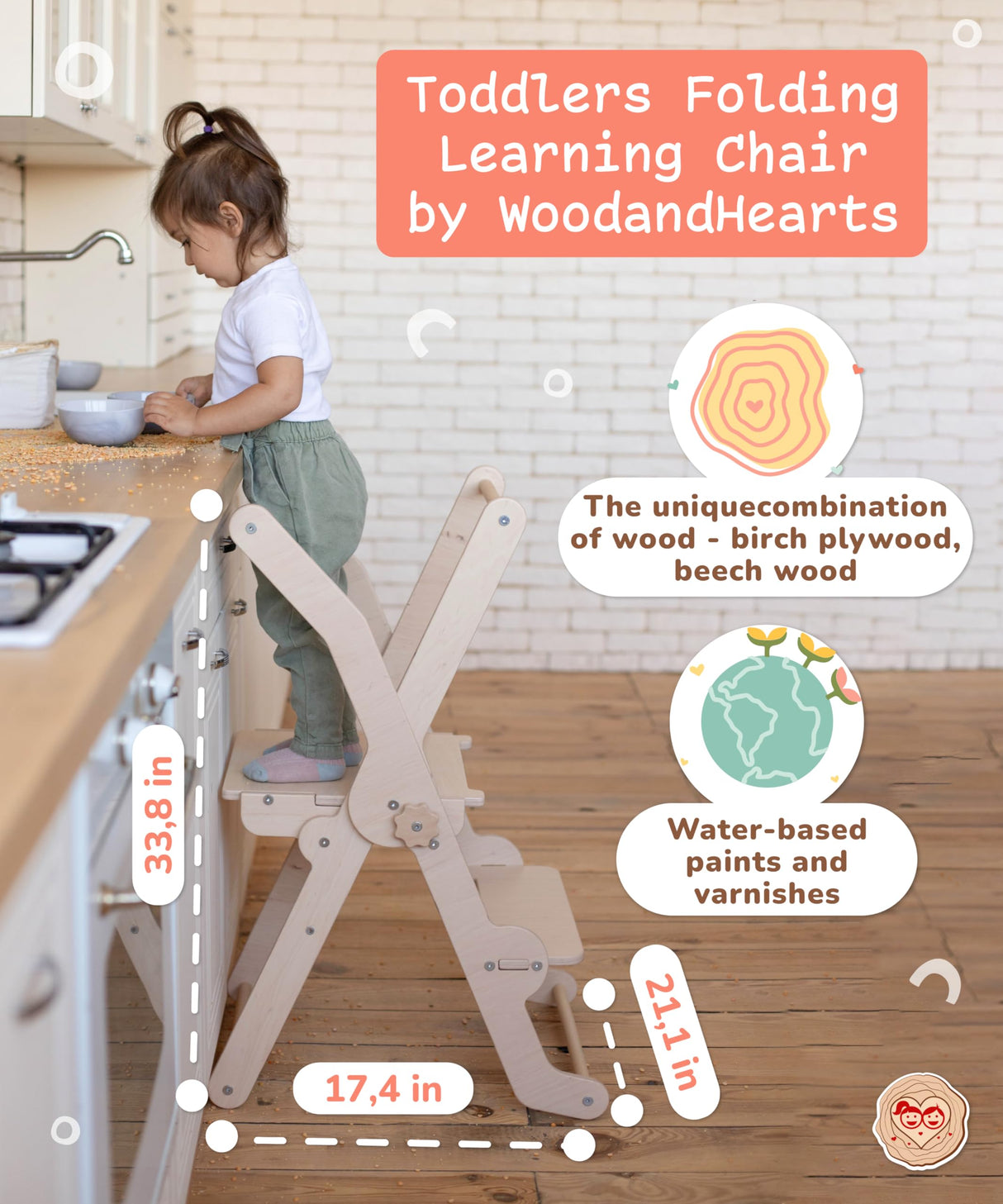 Woodandhearts toddler tower, Made in EU, toddler tower, toddler stool, foldable toddler tower, toddler standing tower, toddler stool for kitchen, toddler tower foldable (Ladder) Wood And Hearts