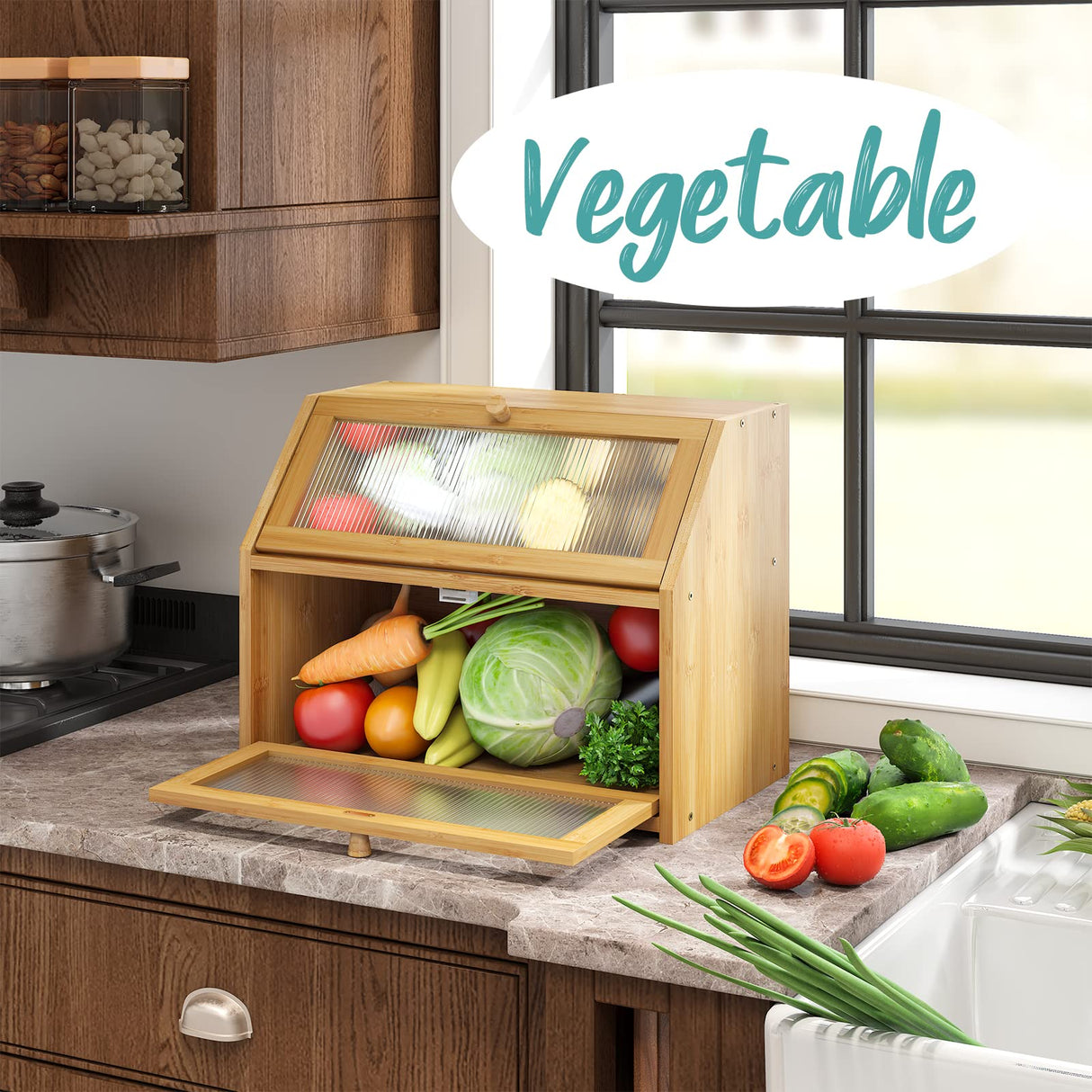 Vriccc Large Bread Box for Kitchen Counter,Bamboo Wood Double Layer Bread Box for Kitchen Counter, Wooden Capacity Bread Storage Bin Vriccc