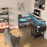 Lufeiya L Shaped Gaming Desk with Fabric Drawers and Storage Shelves, 47 inch Home Office Desk with Monitor Stand, Computer Desk with LED Lights and Power Outlets, Black Lufeiya