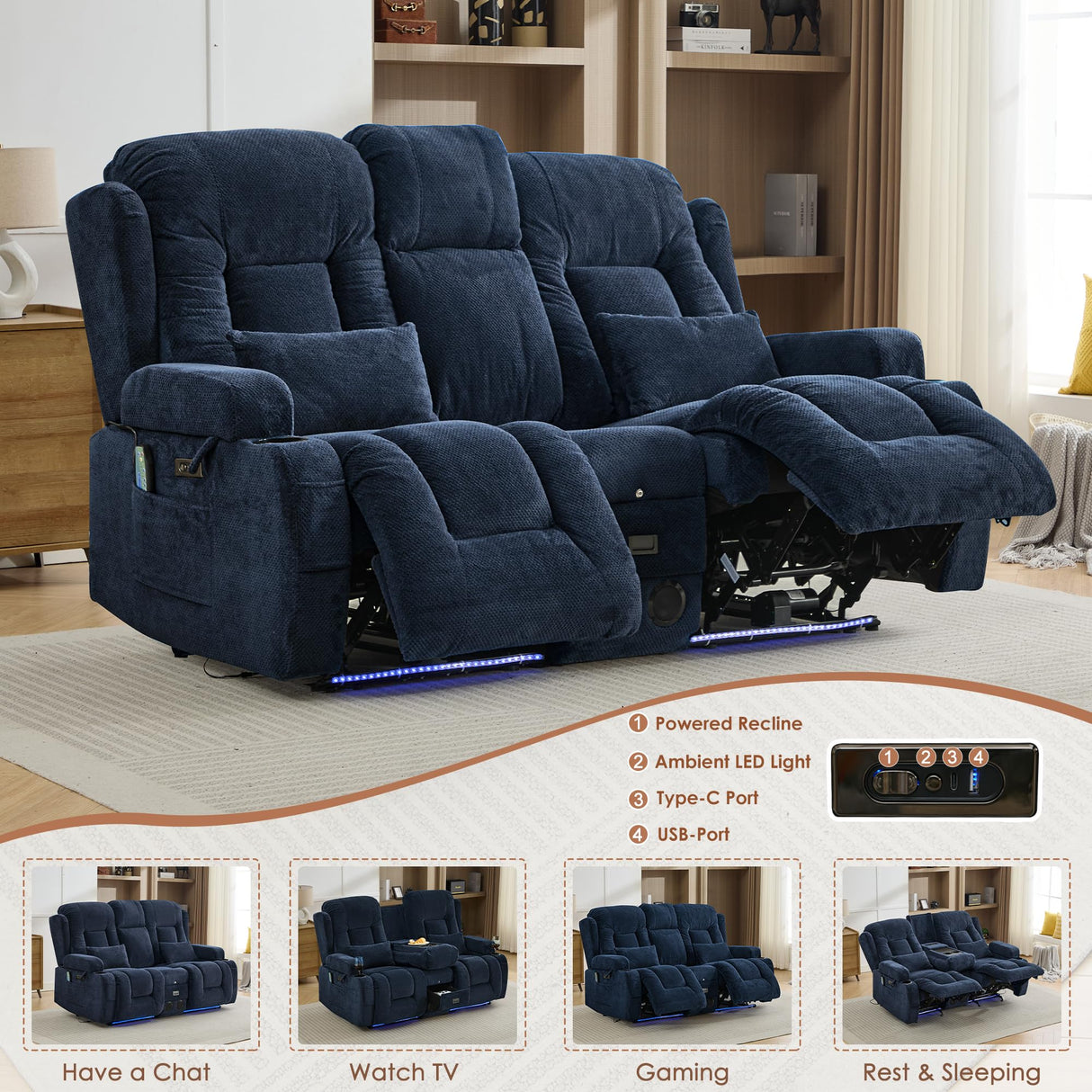 TUNYI Wall Hugger Power Loveseat Recliner - Reclining Loveseat with Console Theater Seating RV Recliner Sofa with USB/Outlet/Speaker/Cup Holder/LED Light/Storage (Beibei VelvetBlue) TUNYI