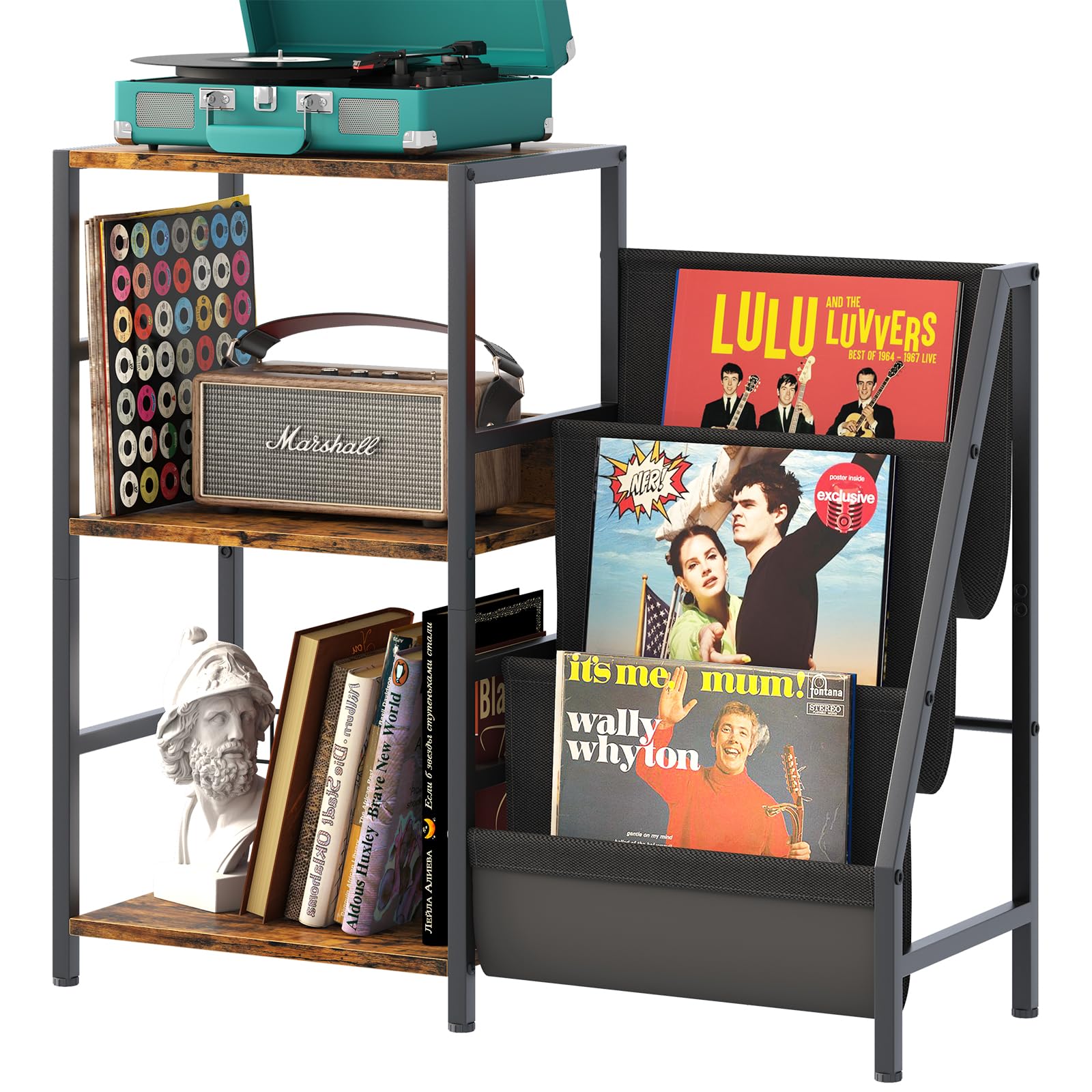 Arbuxzuy Modern 3 Tier Record Player Stand with Vinyl Storage & Display Shelf in Brown - WoodArtSupply