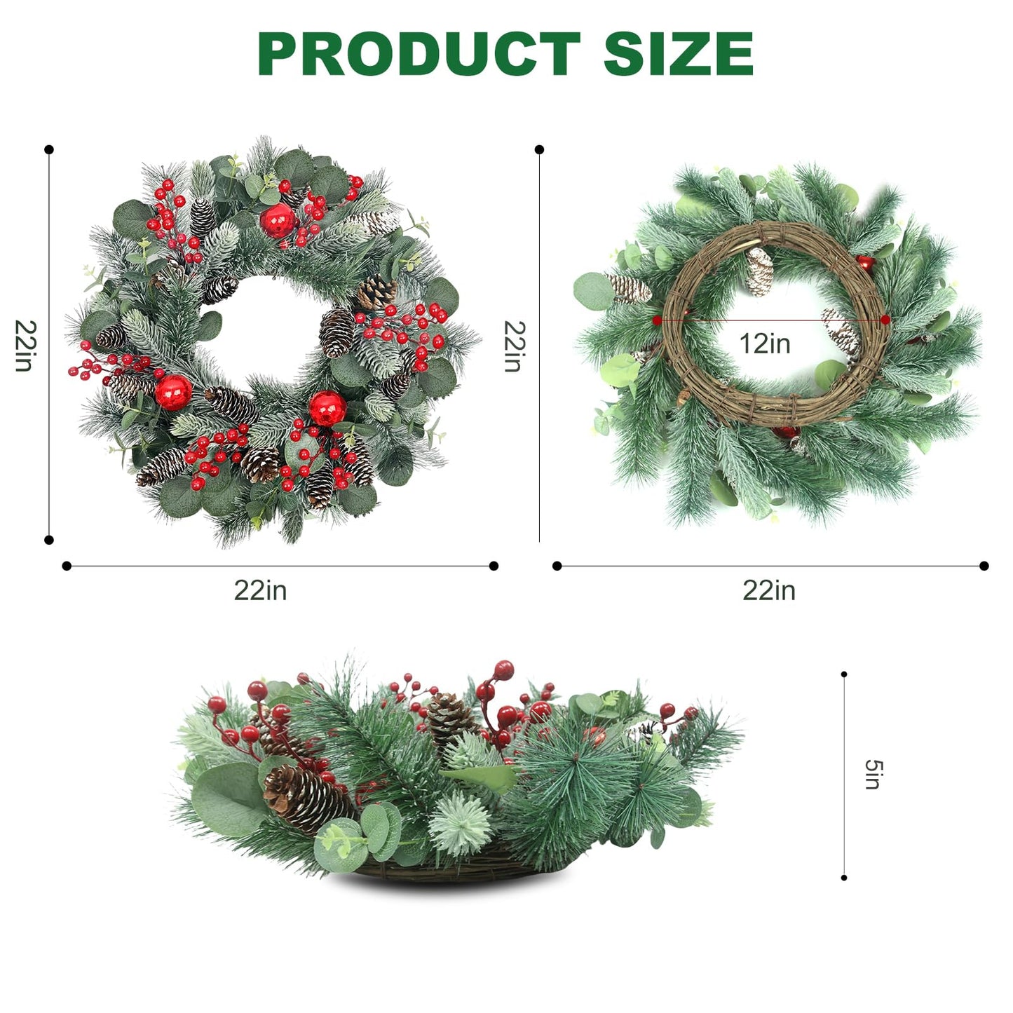 podafu 22 Inch Christmas Wreath Christmas Wreaths for Front Door Artificial Winter Wreath with Red Balls Holly Berries Pine Cones and Eucalyptus Leaves for Xmas Holiday Wall Fireplace Porch