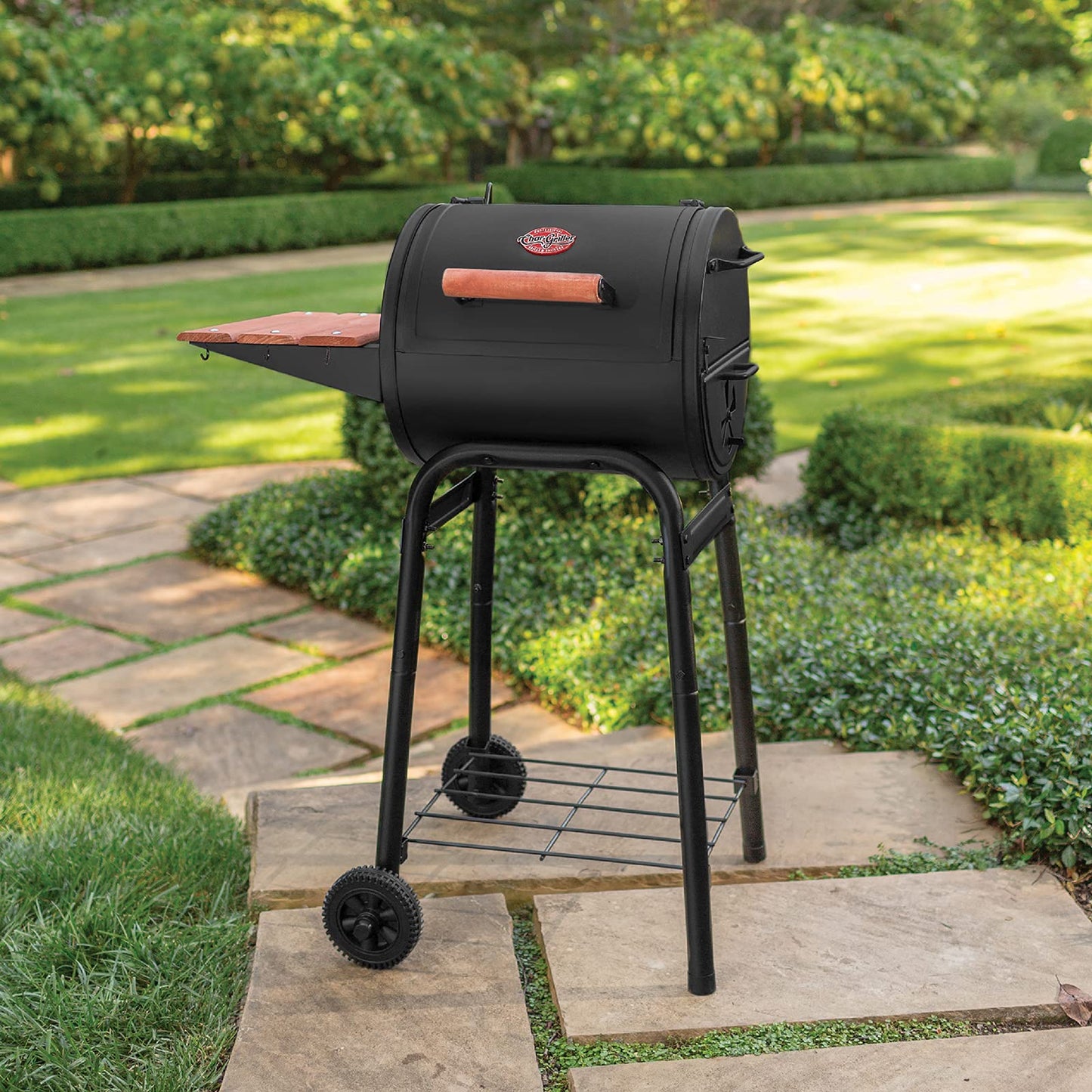 Char-Griller® Patio Pro Charcoal Grill and Smoker with Cast Iron Grates, Premium Wood Shelf and Damper Control, 250 Cooking Square Inches in Black, Model E1515