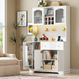 ONBRILL 71" Pantry Storage Cabinet with Microwave Shelf & Door Shelves, Kitchen Wood Pantry with Outlet & LED Light, Kitchen Hutch with DIY Pegboard & 6 Hook, Modern Cabinet with Drawer & Wine Rack ONBRILL