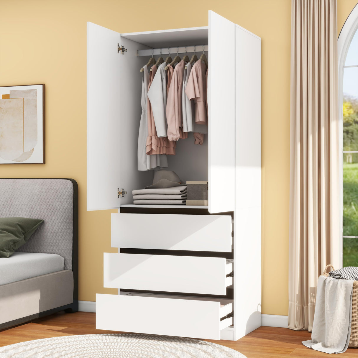 LABROSKIA Wooden Wardrobe Closet with 2 Doors: 75" Bedroom Armoire Wardrobe Closet with 3 Drawers, White Cabinet with Hanging Shelves, Large Storage Cabinet (Modern, 1) LABROSKIA