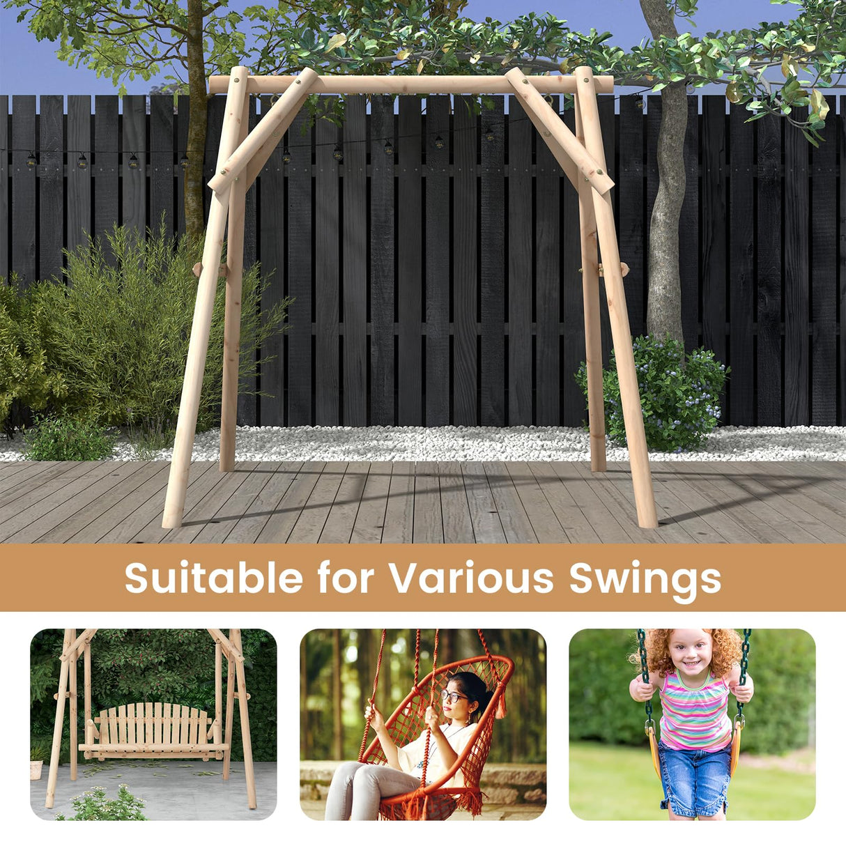 Tangkula 770lbs Porch Swing Frame, Heavy Duty A-Frame Wooden Swing Stand with Reinforced Bars, Freestanding Log Porch Swing Frame Only for DIY Painting, Ideal for Porch, Lawn, Garden, Backyard Tangkula