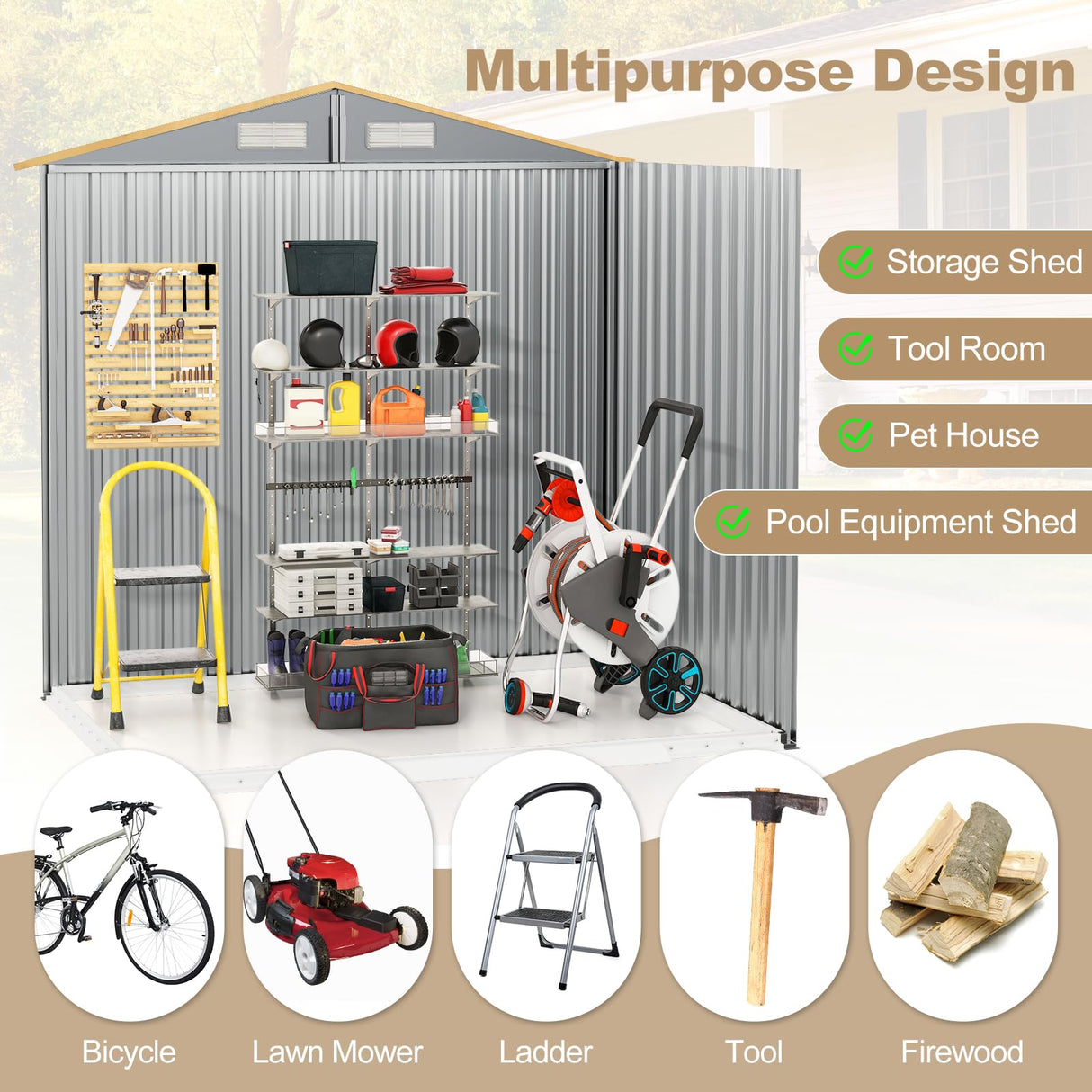 Goplus 6' x 4' Woodgrain Outdoor Storage Shed, Galvanized Metal Tool House Organizer w/ 4 Vents, Lockable Doors, Waterproof Garden Sheds & Outdoor Storage for Backyard, Lawn, Patio, Natural Goplus