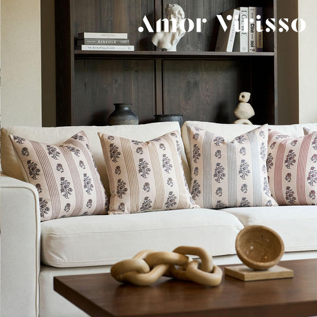 Amor Virisso Floral Throw Pillow Covers 18x18 Set of 2 Block Print Pillow Covers Neutral Floral Striped Farmhouse Decorative Pillow Covers for Sofa Couch Bed, Brown Amor Virisso
