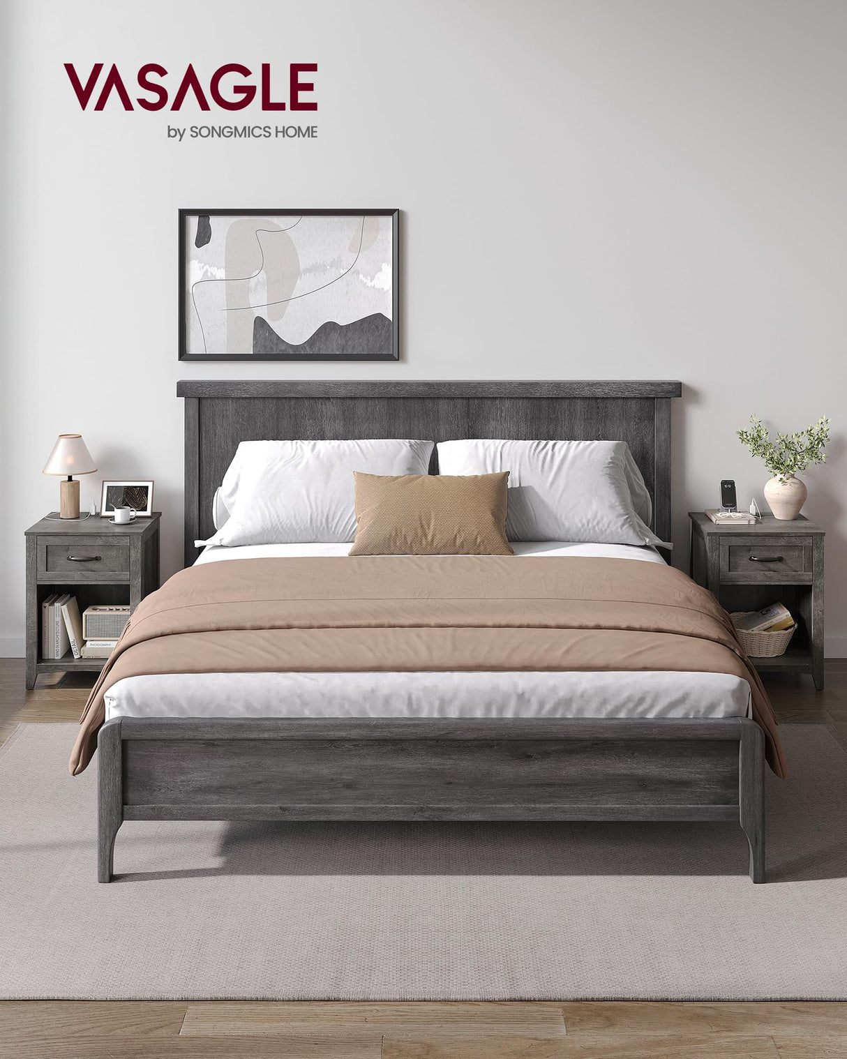 VASAGLE LIRY Collection - Farmhouse Nightstands with Charging Station, Set of 2 Bedside Tables, Side Tables with Drawer, Open Compartment, for Bedroom, Misty Gray ULET859G01 VASAGLE