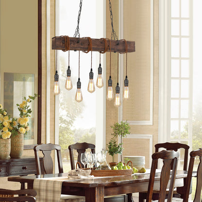 KEESFU 8-Lights Rustic Chandeliers for Dining Room, Farmhouse Wooden Ceiling Pendant Light, Height Adjustable, Rectangle Chandelier for Kitchen Island Dining Room Bar Pool Table Cabin.