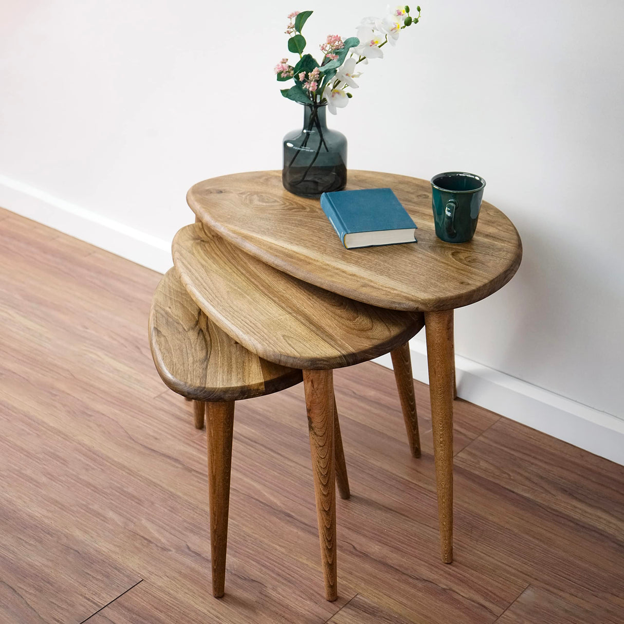 Ultimate Premium Products Solid Nesting Table Set of 3- Walnut Mid Century Pebble Tables with Tapered Legs – Wooden Home Furniture in a Retro Style - Walnut Ultimate Premium Products
