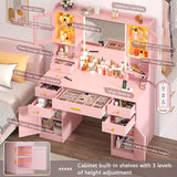 Vanity Desk with Mirror and Lights, Makeup Vanity Table with Power Outlet, Dressing Vanity Table Set with 6 Drawers & 4 Cabinets, 3 Color Modes & Brightness Adjusted, for Bedroom Room, Pink Aiguazi