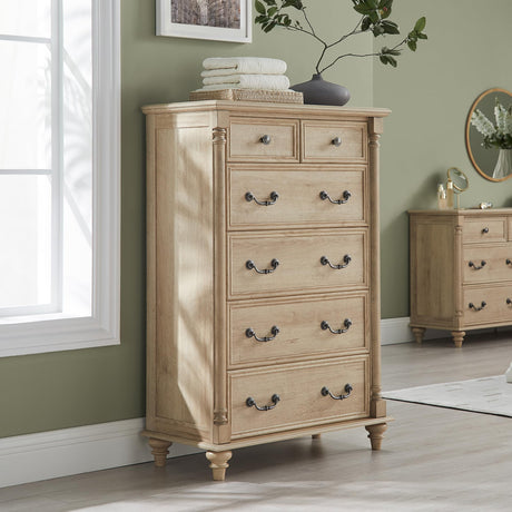 T4TREAM Farmhouse 6 Drawers Dresser Chests for Bedroom w/4 Solid Wood Feet &Column Decor, Tall Wood Rustic Chest of Drawers, Storage Dressers Organizer for Bedroom, Living Room, Nursery, Natural Oak T4TREAM