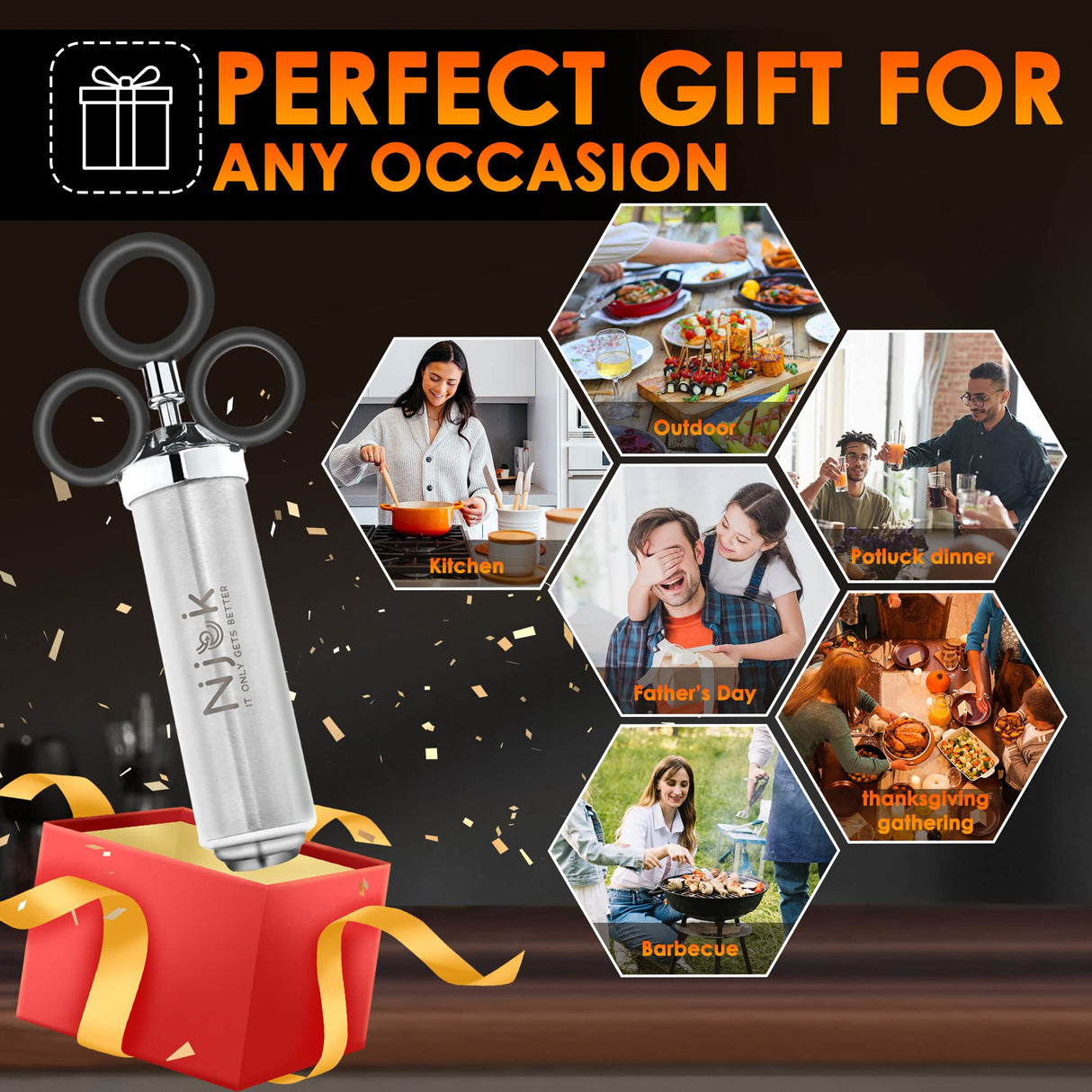 Njek Stainless Steel Meat Flavor Injector Kit, 2-oz Large Capacity with 3 Professional Needles, Marinade and Seasoning Injector Syringe for Beef, Turkey, Brisket, Sturdy and Heavy-duty for BBQ Grill Njek