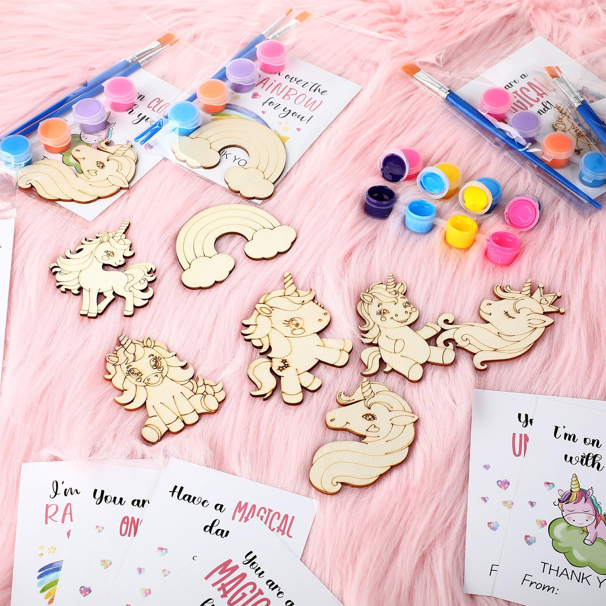 Leinuosen 28 Sets Unicorn Party Favors Wood Painting Craft Kits with Art Supplies and Inspirational Cards Thank You for Coming Gifts for Summer Birthday Party Goodie Bag DIY Prizes Leinuosen