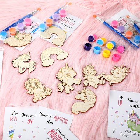 Leinuosen 28 Sets Unicorn Party Favors Wood Painting Craft Kits with Art Supplies and Inspirational Cards Thank You for Coming Gifts for Summer Birthday Party Goodie Bag DIY Prizes Leinuosen