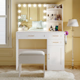 WXBOOM Vanity Desk with Mirror and Lights, 37" Makeup Vanity with Bulbs & Power Outlet, 3 Colors Lighting Adjustable Brightness, Dressing Table with Cushioned Chair and Cabinet, 3 Drawers, White WXBOOM
