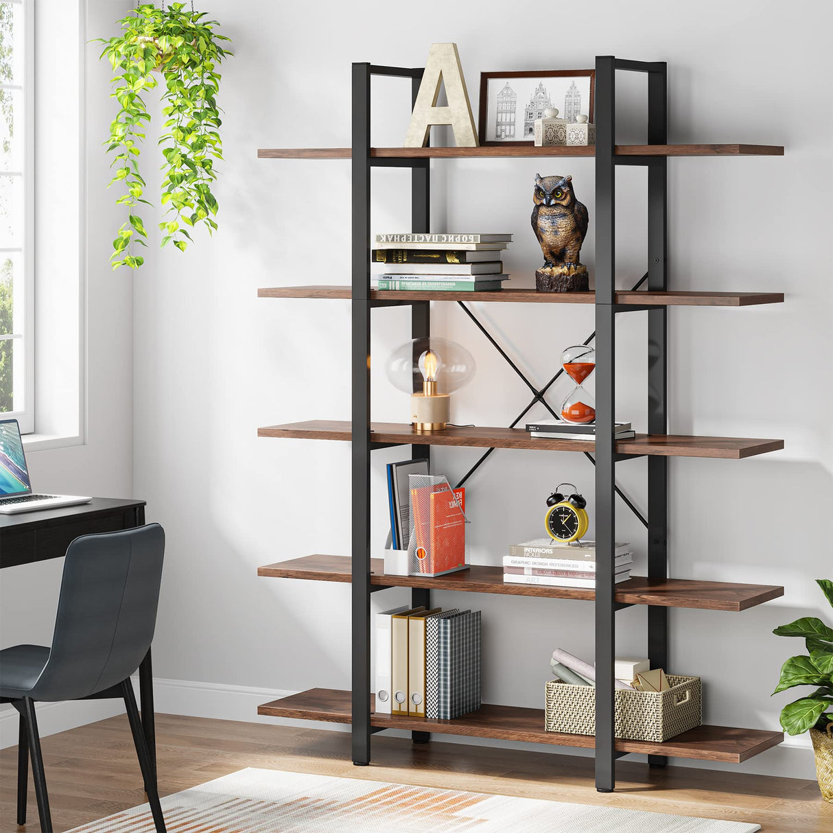 Tribesigns Vintage Industrial 5-Tier Bookshelf - Retro Brown, 72 H x 12 W x 47 L Inches Tribesigns