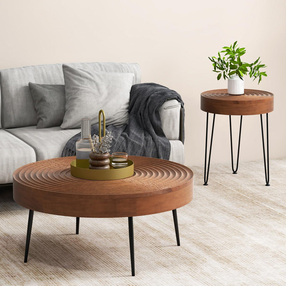 Giantex Boho Round Coffee Table Set of 2, Sofa Side Nesting Table with Solid Pine Wood Top, Metal Legs & Adjustable Foot Pads, 31.5" D Large Table Set for Living Room (Ring Pattern, Brown) Giantex