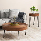 Giantex Boho Round Coffee Table Set of 2, Sofa Side Nesting Table with Solid Pine Wood Top, Metal Legs & Adjustable Foot Pads, 31.5" D Large Table Set for Living Room (Ring Pattern, Brown) Giantex
