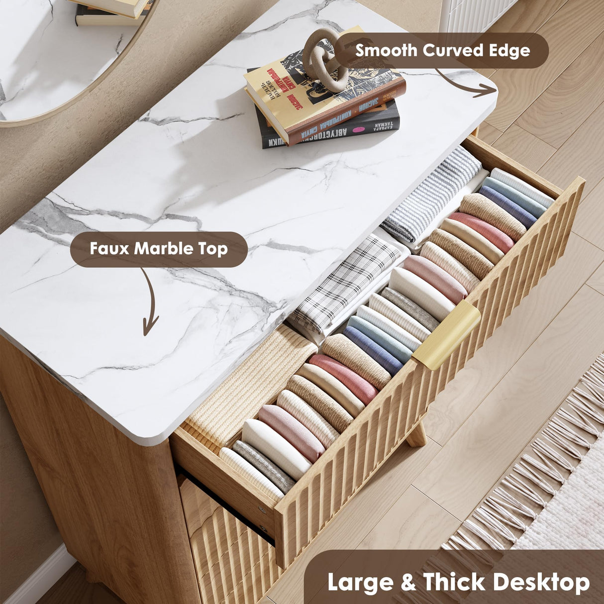 Garvee 5 Drawers Dresser for Bedroom, 47.2" Tall Dressers with Curved Profile Design, Fluted Wood Drawers with Gold Handle, Modern Chest of Dressers with Thickened Design for Living Room, Natural Garvee