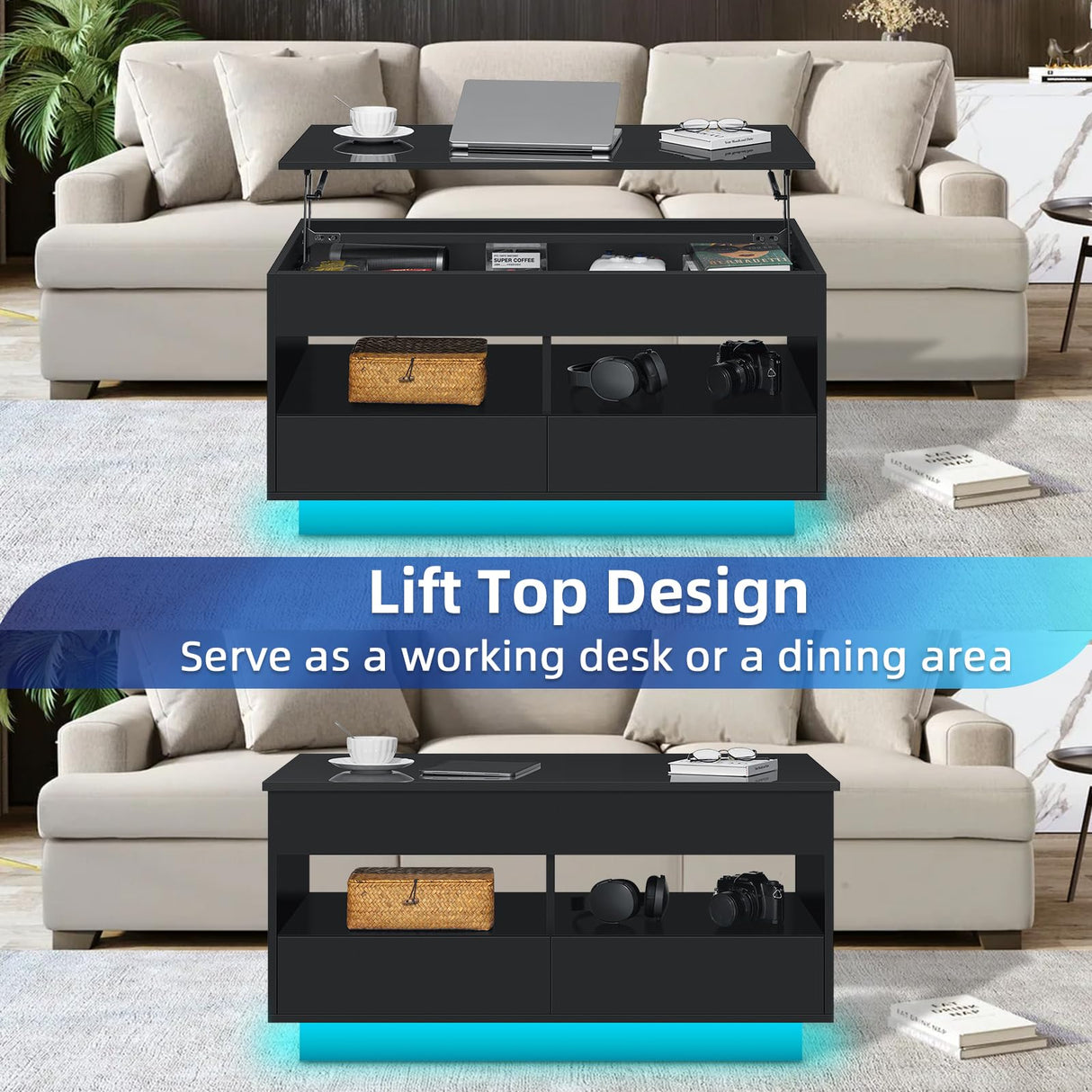 LED Coffee Table for Living Room Lift Top Coffee Tables with Storage Morden High Gloss 4 Tiers Black Tea Table Center Tables Sofa Hidden Compartment & 2 Open Shelve & 2 Drawers HOMMPA