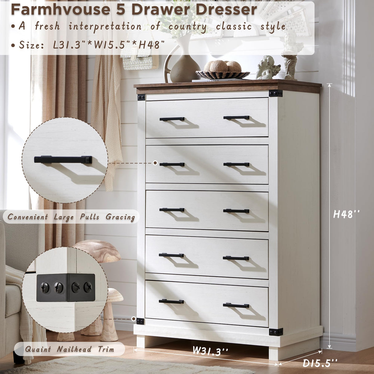 RedLemon Farmhouse 5 Drawers Dresser for Bedroom, Wood Tall Chest of Drawers with Thick Plank Styling, Rustic Closet Dresser for Bedroom, Living Room, Antique White RedLemon