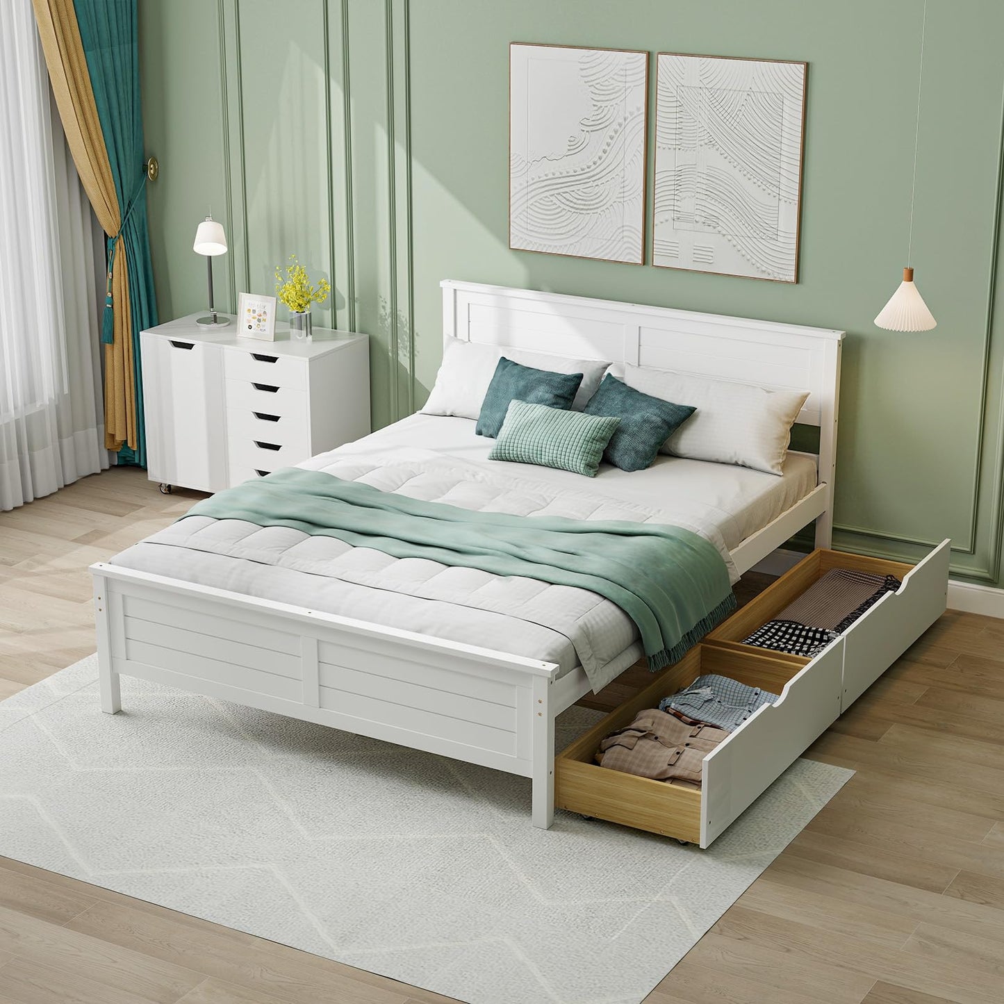 Giantex White Wood Full Size Bed Frame with 2 Storage Drawers and Headboard - WoodArtSupply