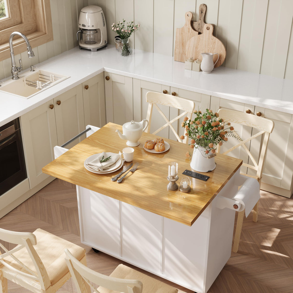 COCO DESIGN Rolling Kitchen Island Cart with Wheels, 54" Portable Trolley Island with Drop Leaf Countertop, Sliding Barn Door, Power Outlet, Spice Rack, Towel Rack and Drawers, Minimalist White COCO DESIGN