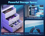 Casaottima 59 Inch Gaming Desk with USB Charging Ports & LED Light - Reversible Computer Desk with 3 Fabric Drawers, Monitor Stand, CPU Stand, and Side Hook, Modern Office Desk, White Casaottima