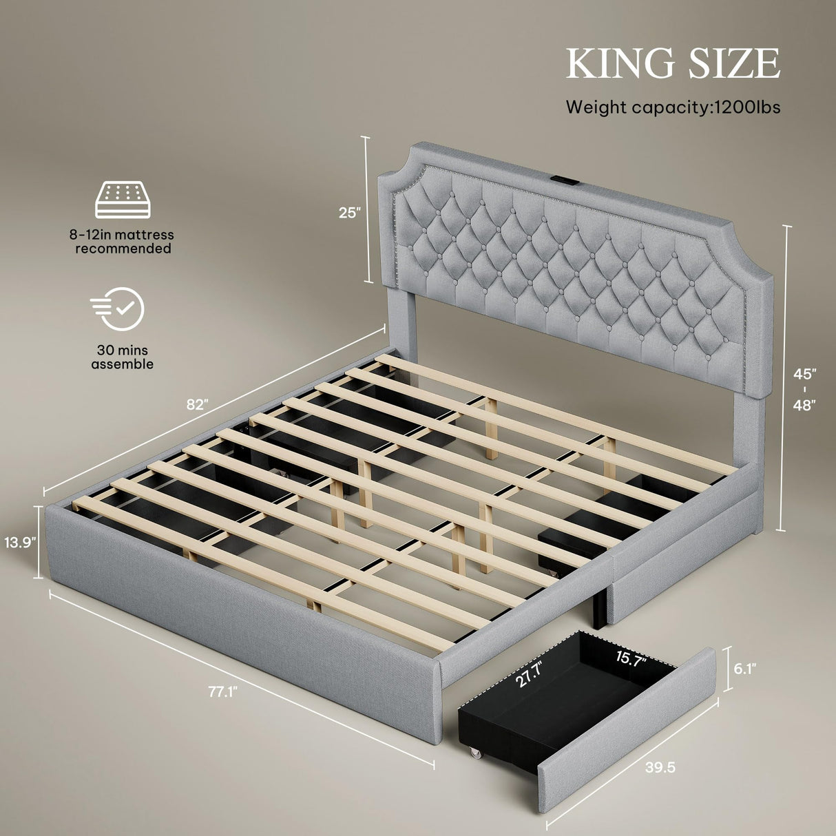 YITAHOME King Size Bed Frame with Adjustable Headboard, 4 Storage Drawers and Charging Station, Linen Upholstered Bed Frame with Button Tufted, No Box Spring Needed, Fast Assembly, Noise-Free, Grey YITAHOME