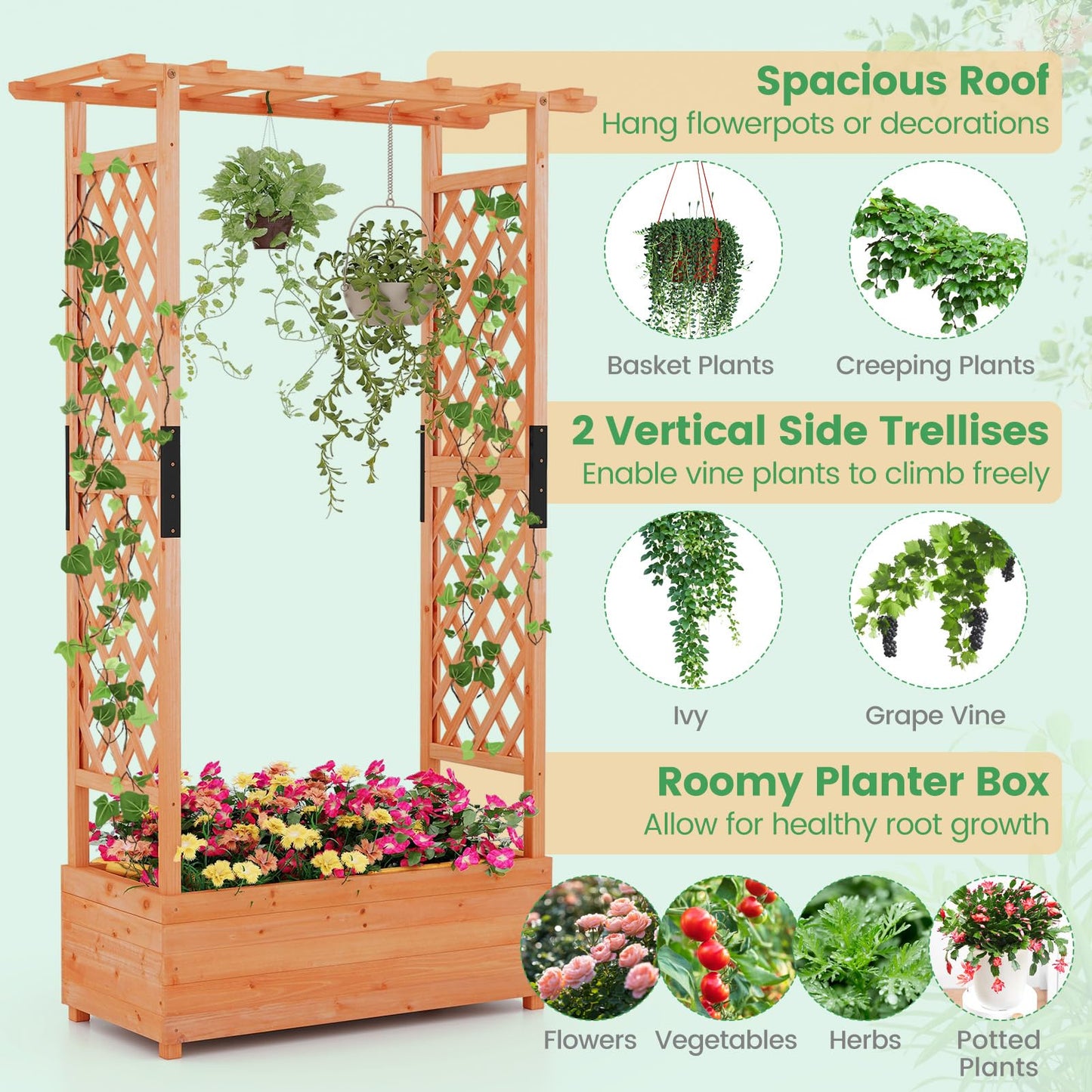 Giantex Set of 2 Raised Garden Bed with 2-Sided Trellis & Hanging Roof, Fir Wood Planter Box w/Drainage Holes, Freestanding Garden Planter for Flowers Herbs Climbing Vines (43.5" x 17.5" x 72")