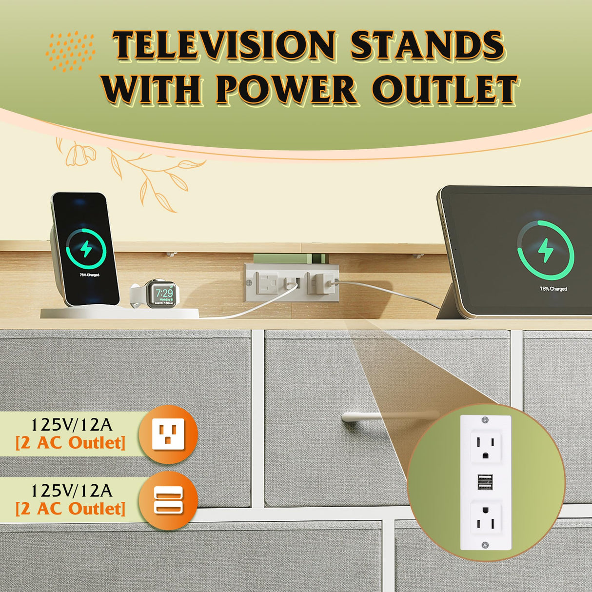 WLIVE Dresser TV Stand with Power Outlets, Led Dresser for Bedroom, Fabric Chest of Drawers with Open Shelves, Wood Top, Steel Frame, 6 Drawer Dressers for Closet, Living Room, Light Grey WLIVE