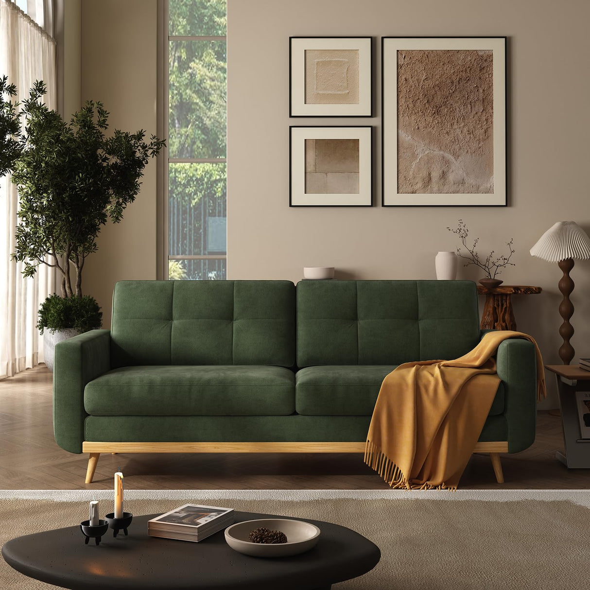 67.7” Loveseat Sofa, Mid Century Modern Decor Love Seat Couches for Living Room, Button Tufted Upholstered Small Couch for Bedroom, Solid and Easy to Install Love Seats Furniture (Green, 67.7inch) WoodArtSupply