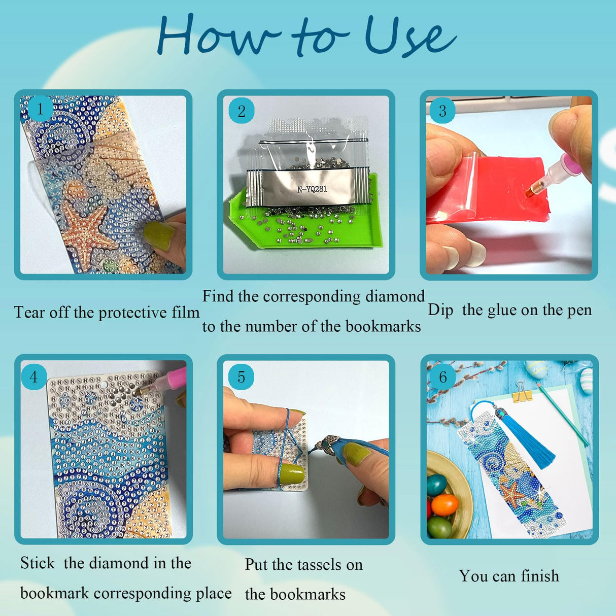 HTTDMY 8PCS Diamond Painting Art Bookmarks,Cute Acrylic Bookmarks Crafts Kits Gifts with Tassels for Adult Women Book Lovers (Ocean) HTTDMY