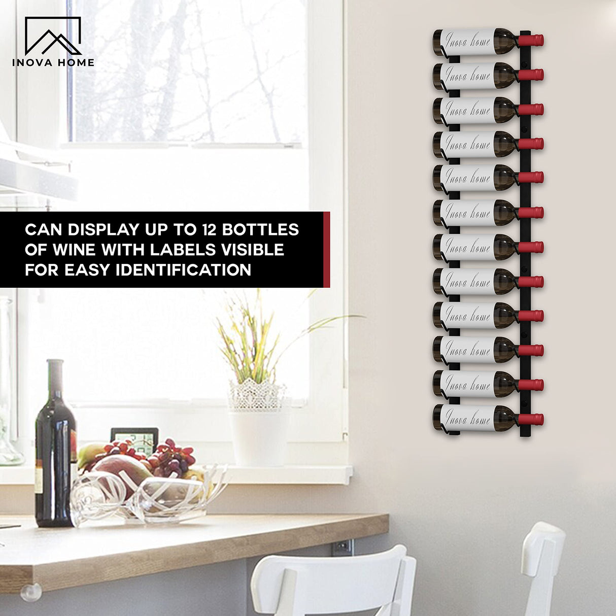 Luxinova Wine Rack Wall Mounted, Premium Black 12 Bottle Wall Wine Rack, Metal Wine Rack for Wine Display, Wall Racks for Wine Storage, Hanging Wine Shelf for Home Bar, All Mounting Hardware Included Luxinova