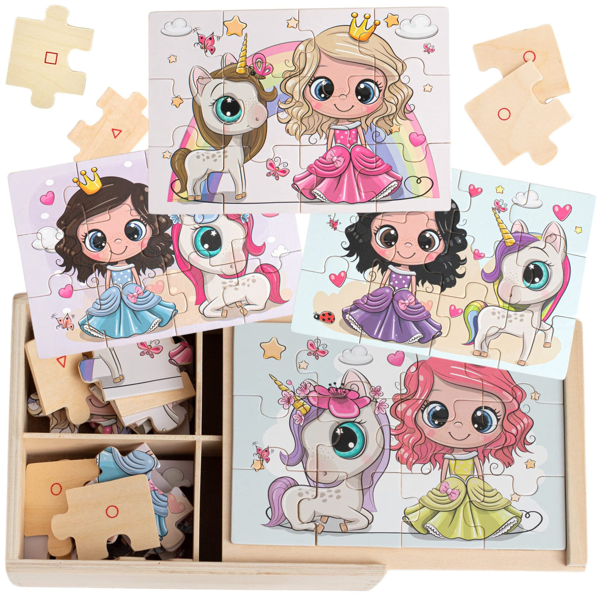TOYLI 4-in-1 Princess Jigsaw Puzzles for Kids, Wood Puzzles for Kids Ages 3-5 48 Piece Wooden Puzzles for Toddlers 3-5, Wooden Puzzles for Toddlers, Essential Skills Gift for Girls Princesses TOYLI