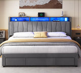 YITAHOME King Bed Frame with 3 Drawers, Upholstered Bed Frame with Storage Headboard, LED Platform Bed with Charging Station, No Box Spring Required, Simple Setup (Grey) YITAHOME
