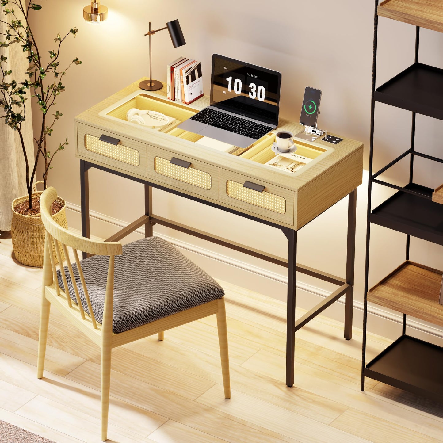 FREDEES Makeup Vanity with LED Lights - Vanity Desk with Glass Top Design & Charging Station, Wooden Makeup Table with Rattan Drawers, Bedroom Furniture Dressing Table Office Desk