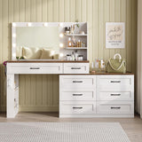 Farmhouse Large Makeup Vanity Desk, Glass Top Vanity Dresser Combo, Make Up Dressing Table, with Mirror and Lights and 8 Drawers, with Charging Station and Storage, for Bedroom, Dressing Room, White Vabches